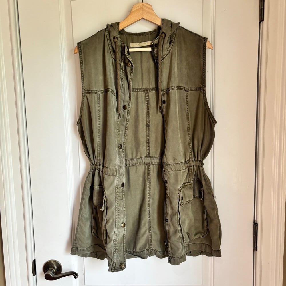 Max Jeans Womens Olive Green Tencel Hooded Utility Vest Size L Cargo Military